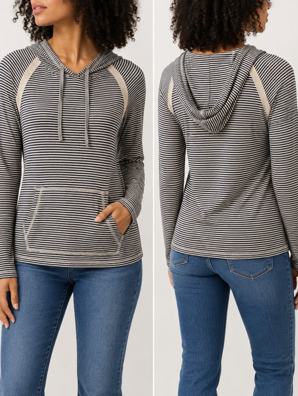Tristan Navy Beige Striped Stretch Pullover Hoodie Made in Canada M